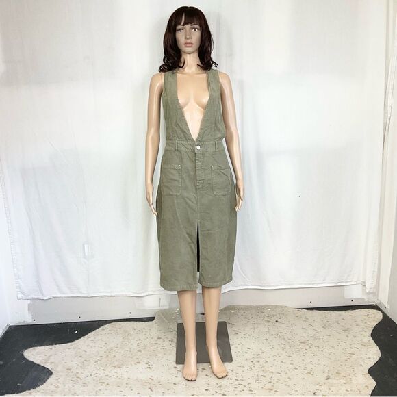 ZARA khaki corduroy pinafore midi cotton overall dress M - Picture 3 of 15